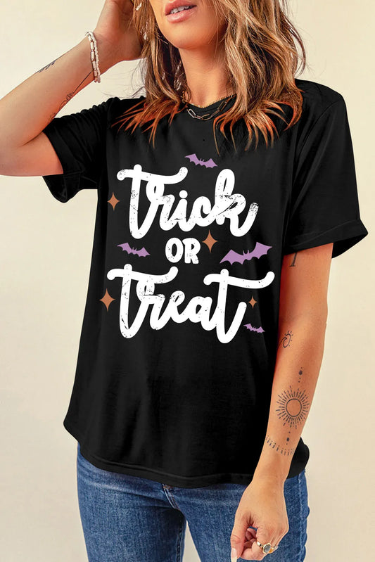 TRICK OR TREAT Letter Graphic Round Neck Short Sleeve T-Shirt