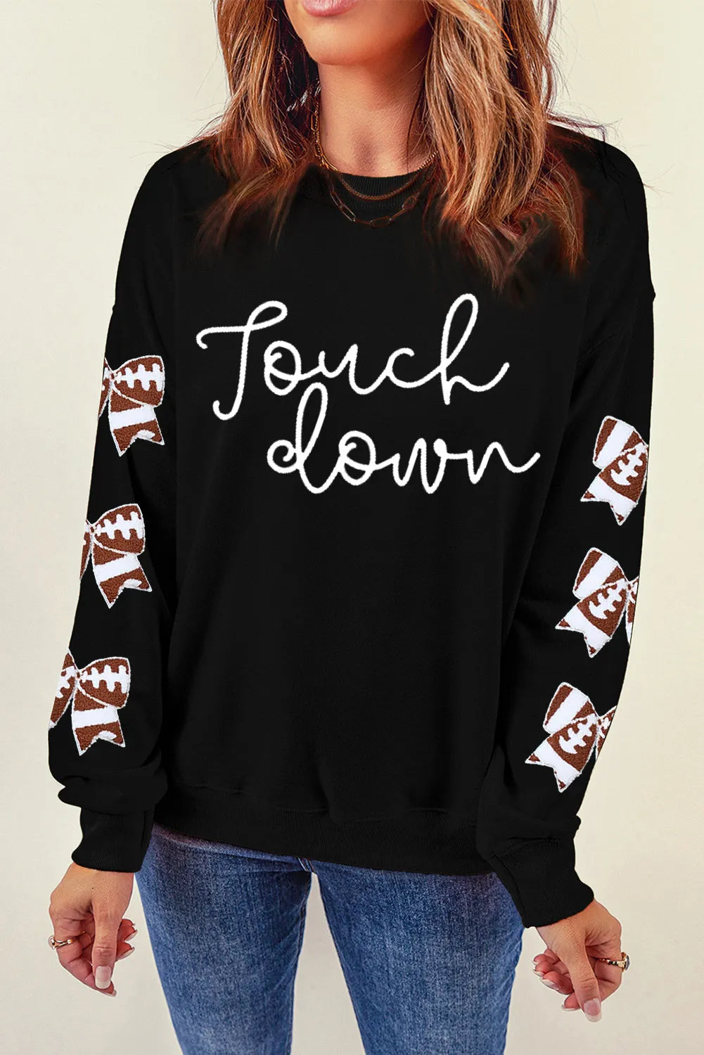 TOUCHDOWN Letter Graphic Bow Long Sleeve Sweatshirt