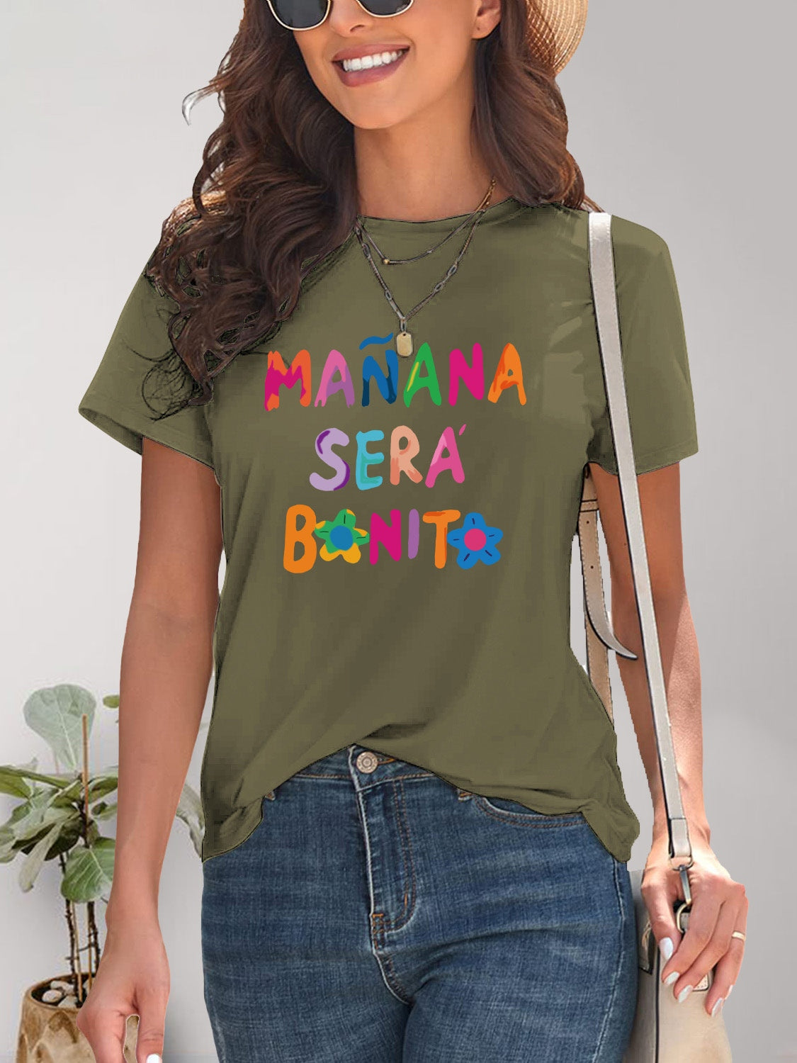 MAÑANA SERA BONITA Letter Graphic Round Neck Short Sleeve T-Shirt