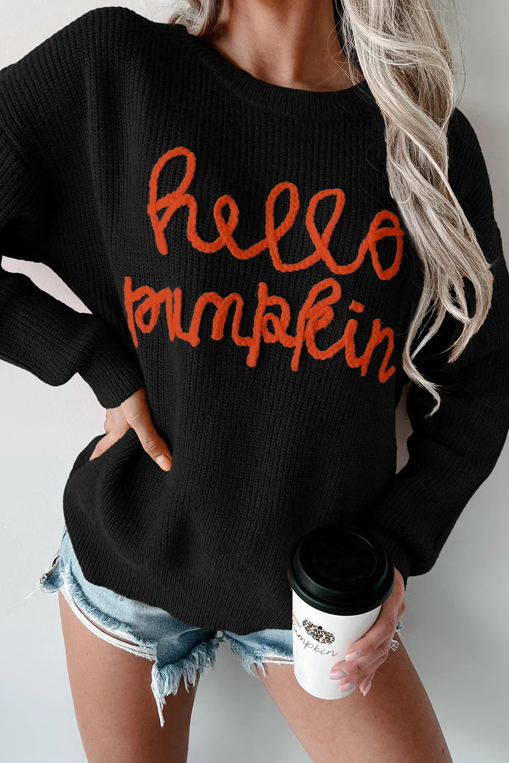 HELLO PUMPKIN Contrast Letter Round Neck Long Sleeve Sweater