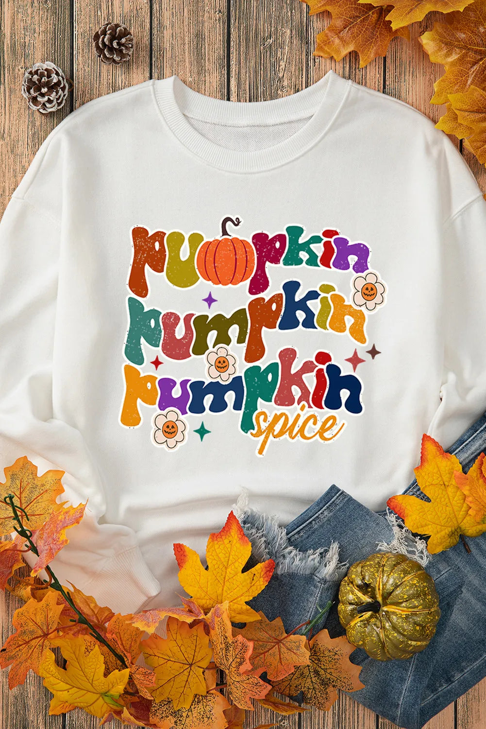 PUMPKIN PUMPKIN PUMPKIN SPICE Letter Graphic Round Neck Long Sleeve Sweatshirt