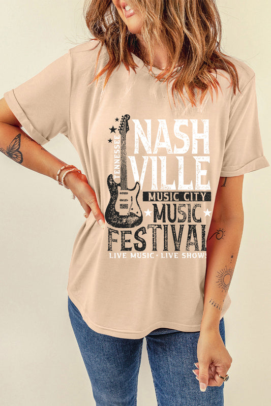 NASHVILLE MUSIC CITY MUSIC FESTIVAL LIVE MUSIC LIVE SHOWS Letter Graphic Round Neck Short Sleeve T-Shirt