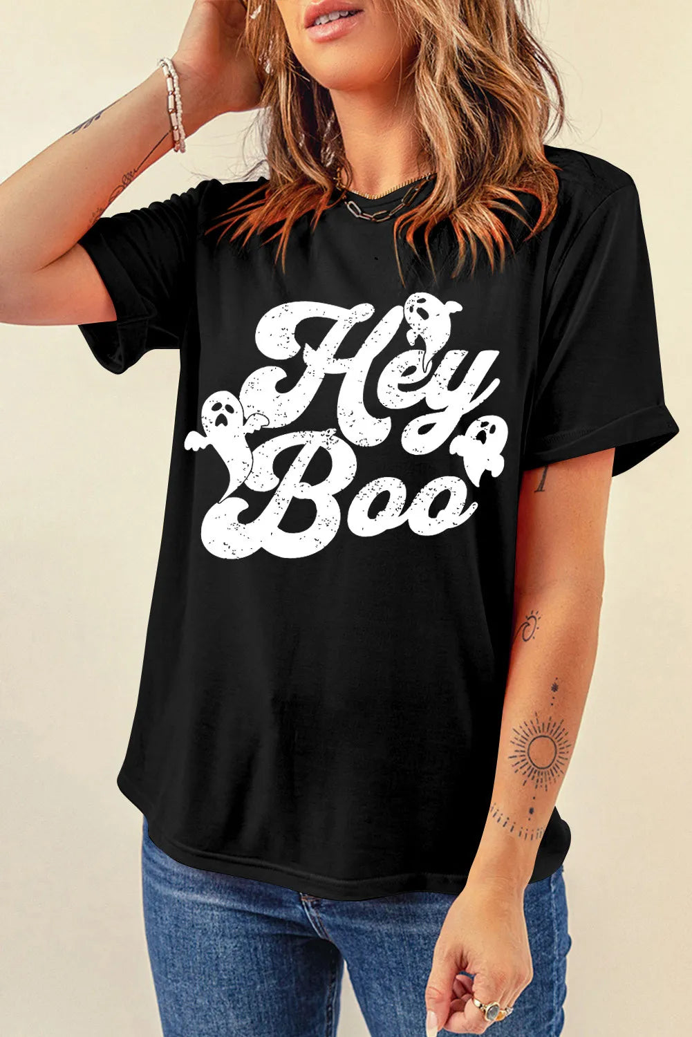 HEY BOO Letter Graphic Round Neck Short Sleeve T-Shirt