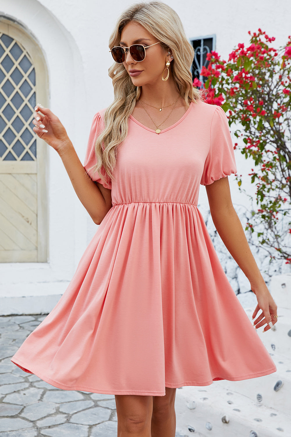 V-Neck Balloon Short Sleeve Dress