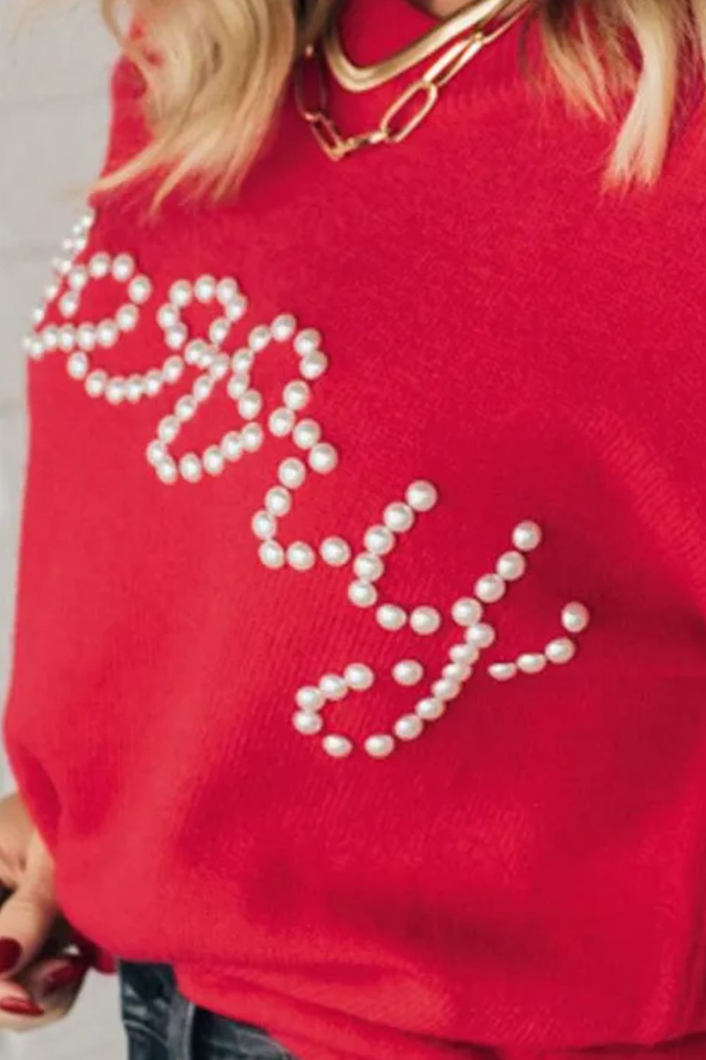 MERRY Letter Pearl Detail Round Neck Long Sleeve Sweater