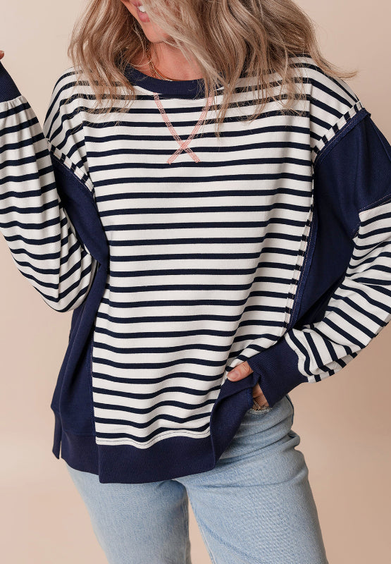 Exposed Seam Striped Long Sleeve Sweatshirt