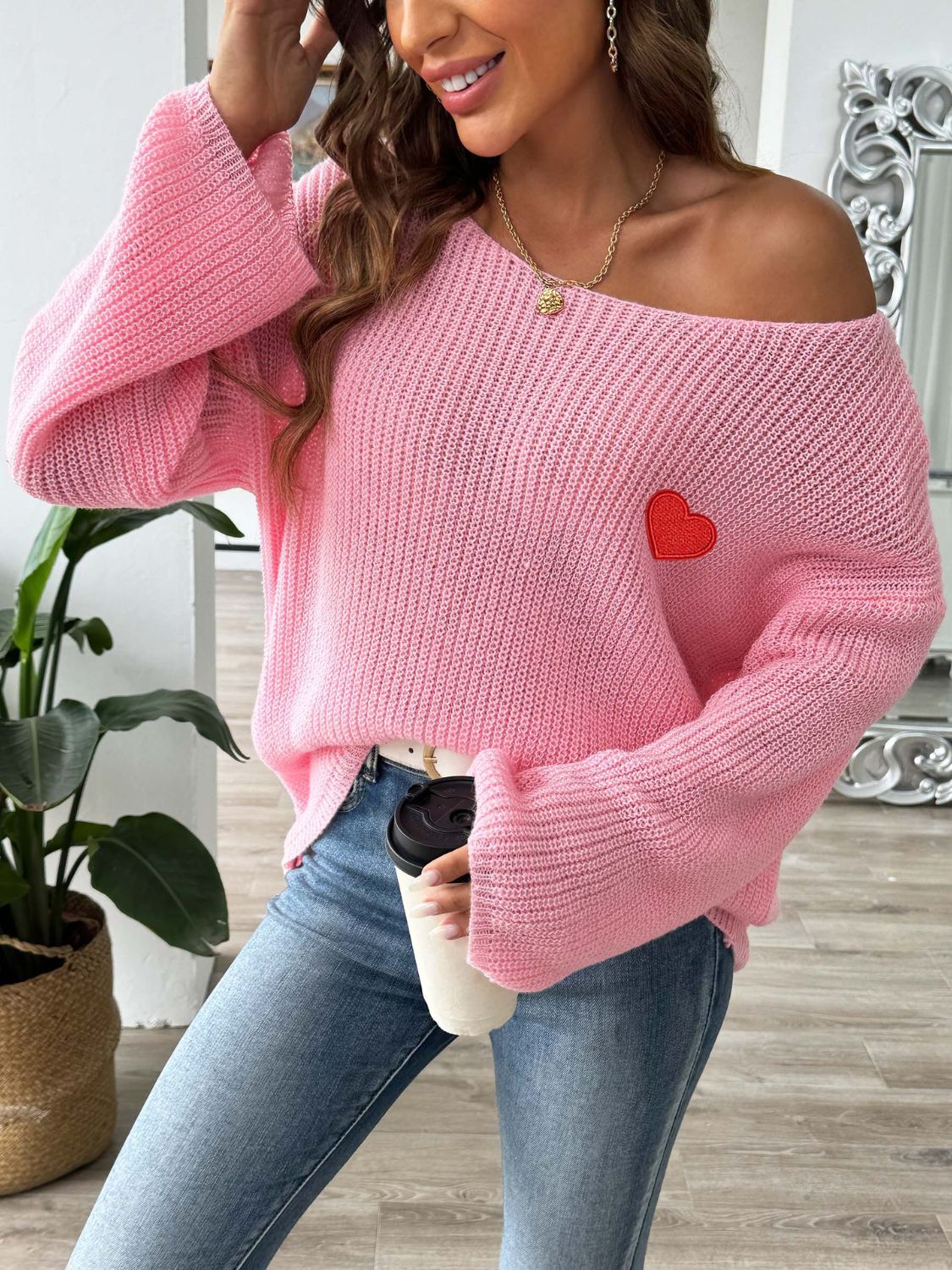 Heart Boat Neck Dropped Shoulder Sweater