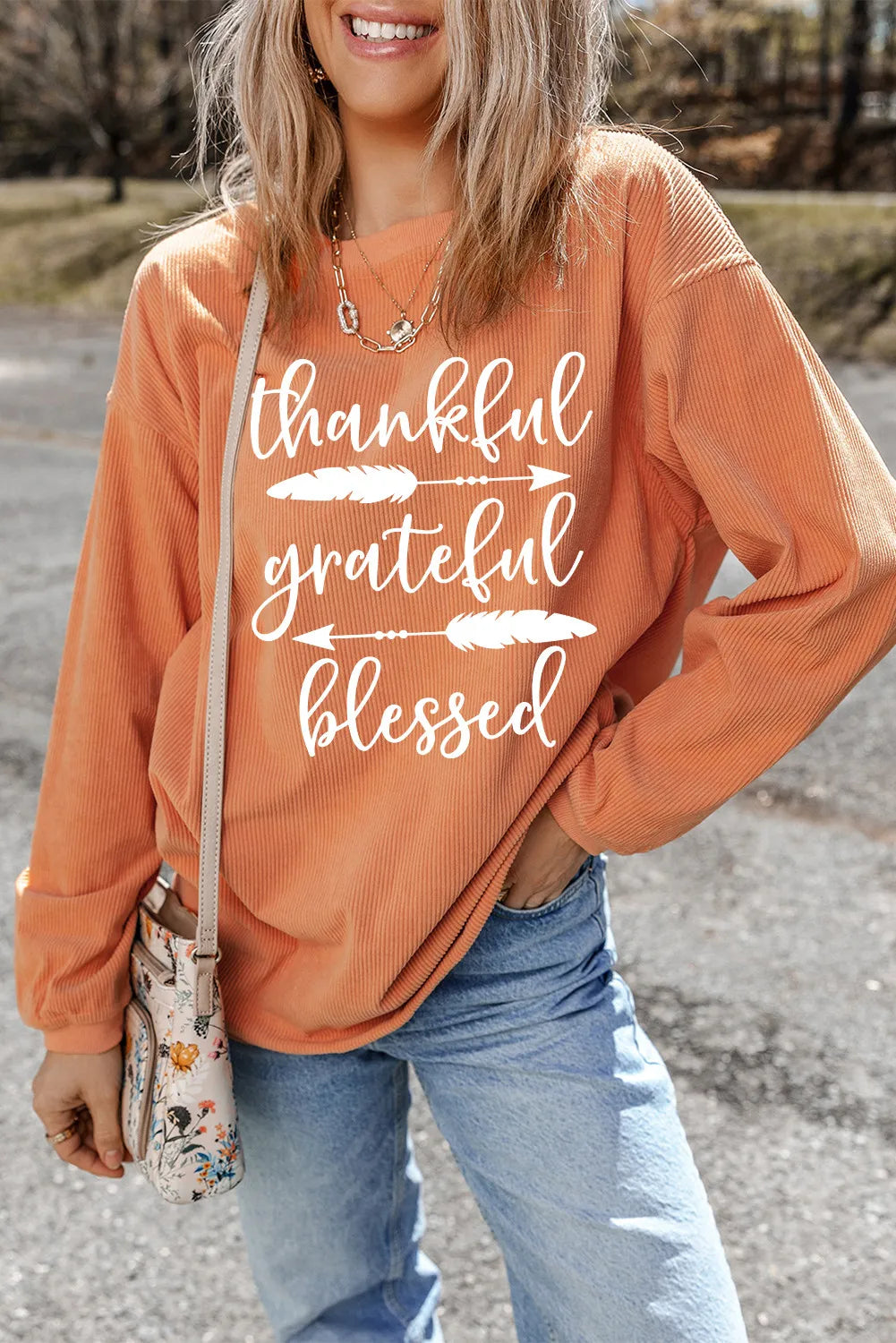 THANKFUL GRATEFUL BLESSED Letter Graphic Round Neck Long Sleeve Sweatshirt