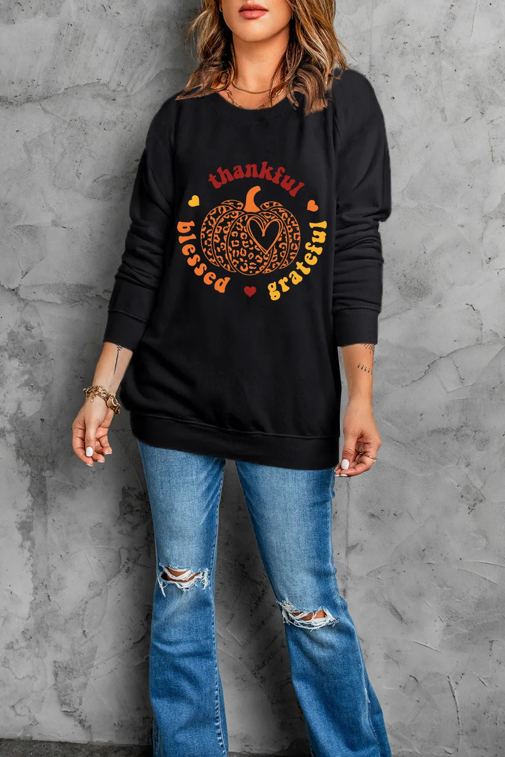 THANKFUL GRATEFUL BLESSED Pumpkin Graphic Long Sleeve Sweatshirt