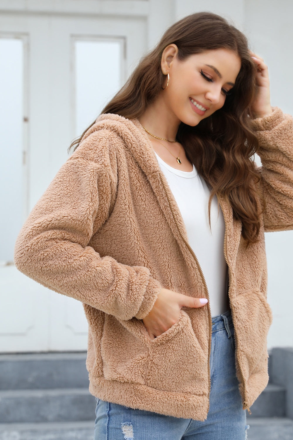 Zip Up Long Sleeve Fuzzy Hooded Outerwear