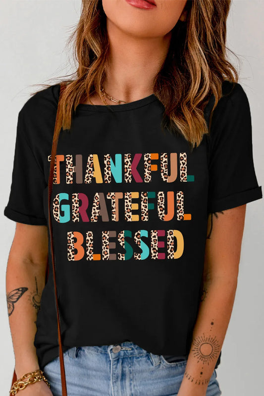 THANKFUL GRATEFUL BLESSED Letter Graphic Round Neck Short Sleeve T-Shirt