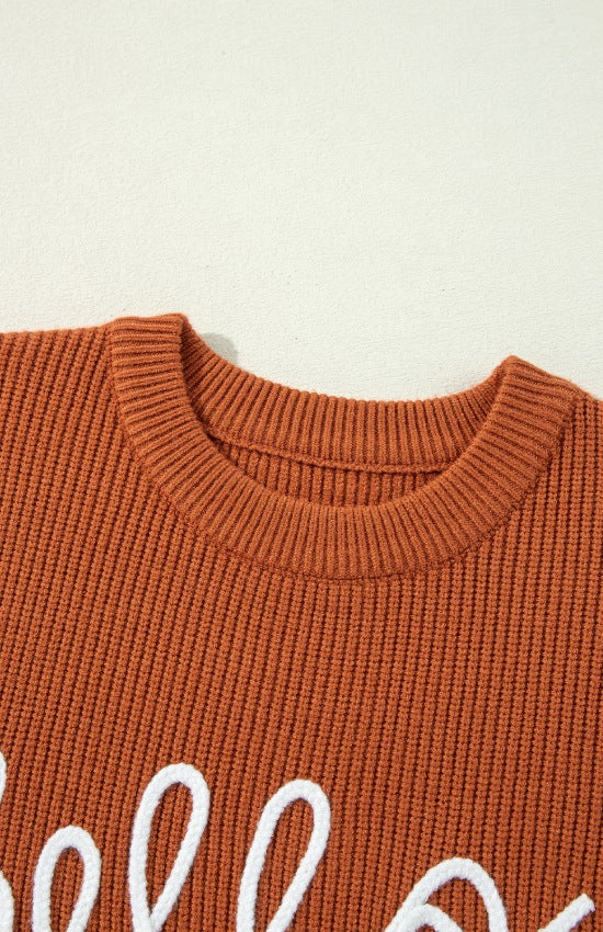 HELLO PUMPKIN Letter Graphic Round Neck Long Sleeve Sweater