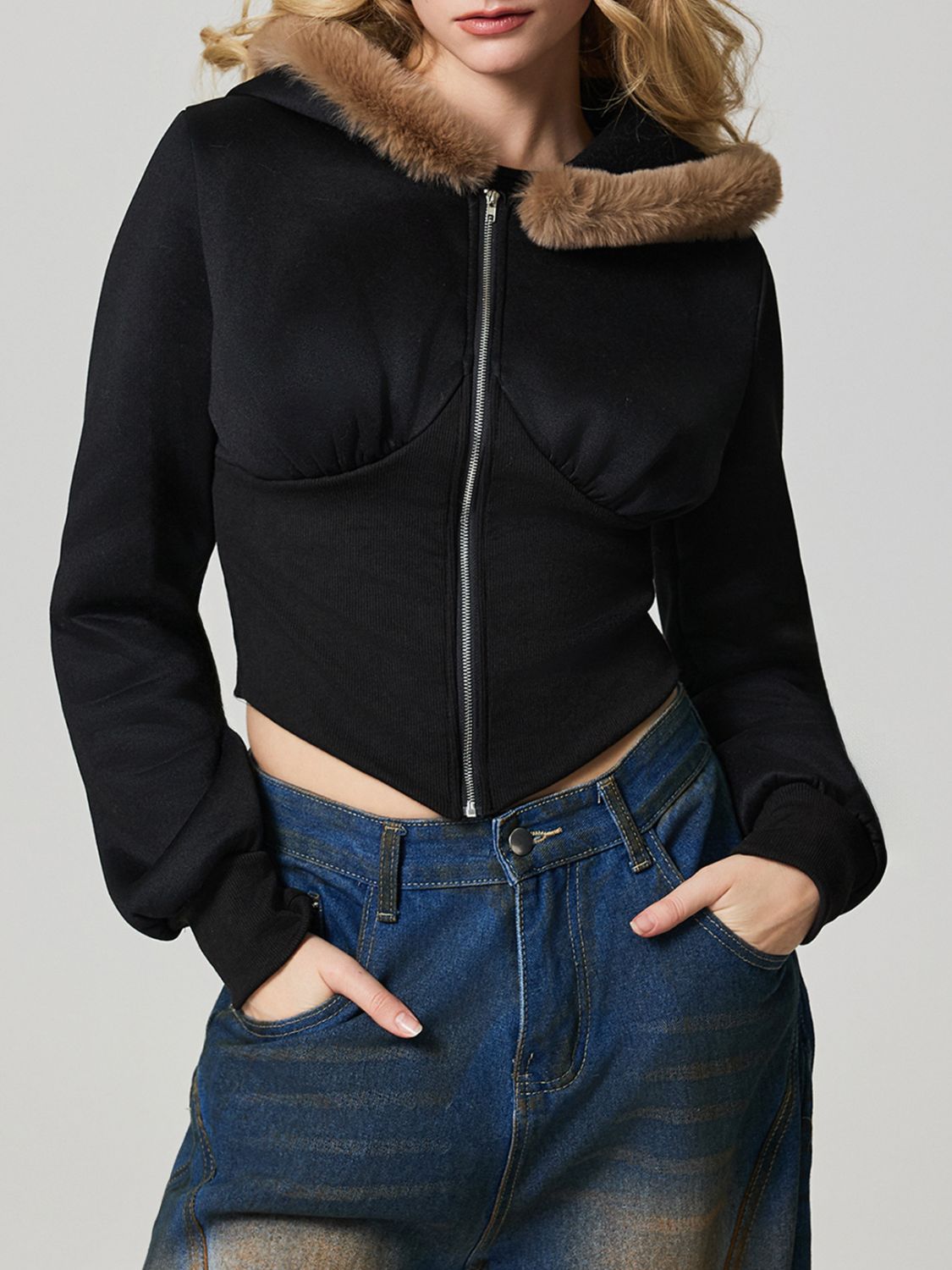 Zip Up Long Sleeve Fuzzy Hem Hooded Jacket