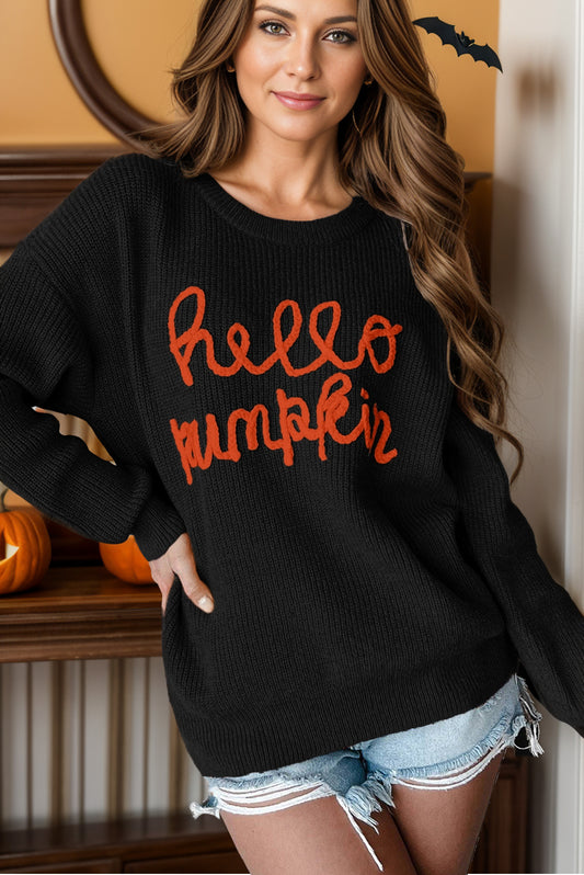 HELLO PUMPKIN Contrast Letter Round Neck Long Sleeve Sweater