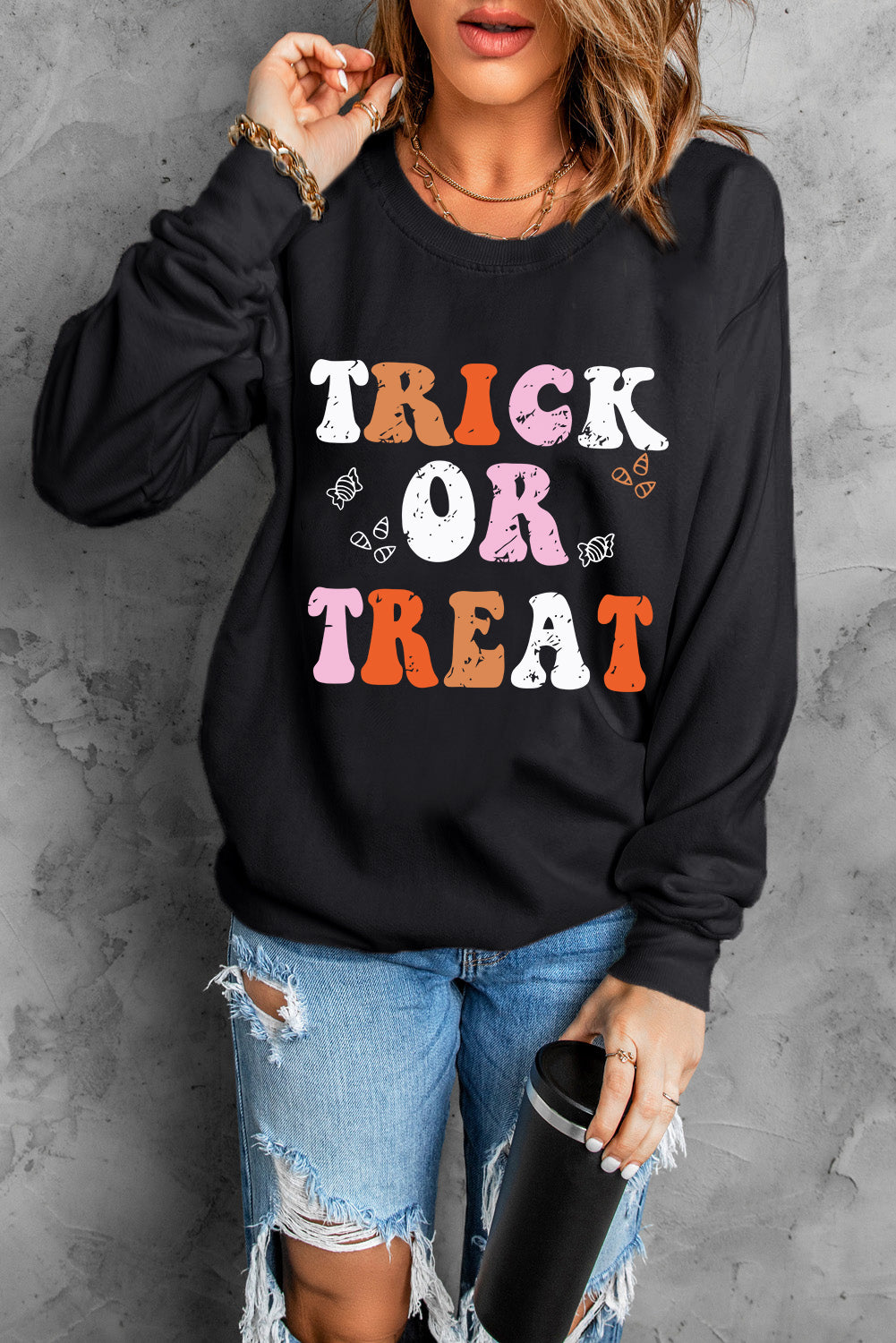 TRICK OR TREAT Letter Graphic Round Neck Long Sleeve Sweatshirt