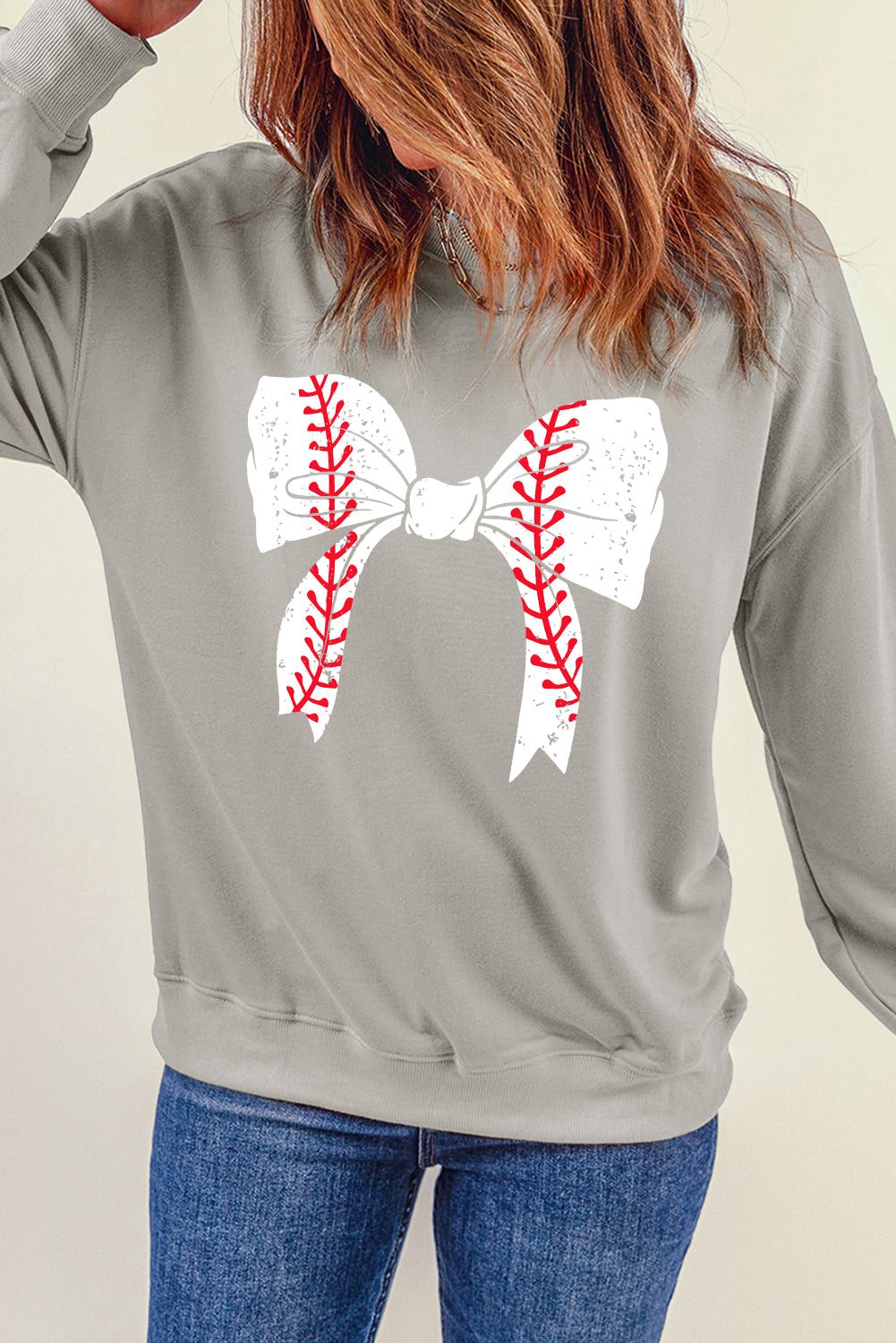 Baseball Bow Graphic Round Neck Long Sleeve Sweatshirt