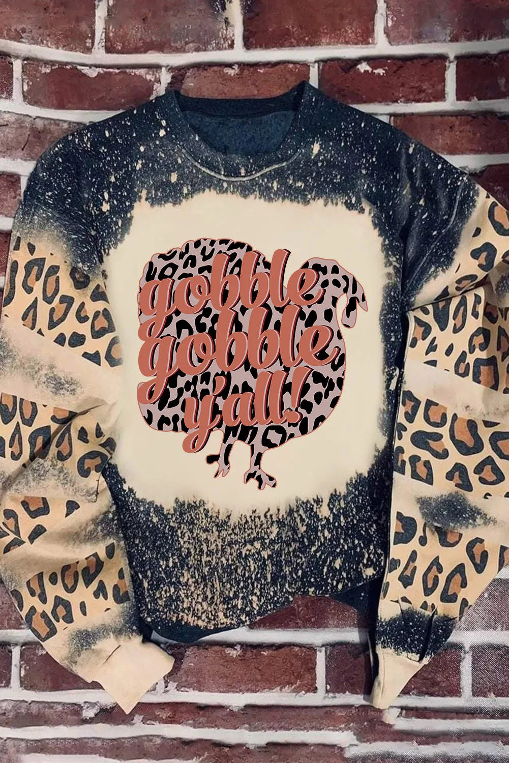 GOBBLE GOBBLE Y'ALL Leopard Round Neck Long Sleeve Sweatshirt