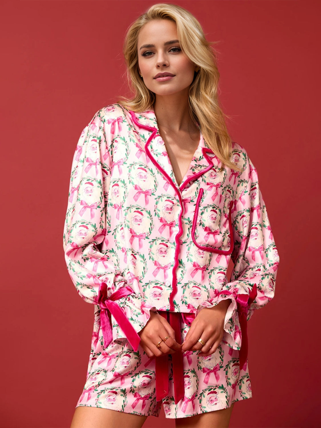 Tied Santa Printed Collared Neck Long Sleeve Top and Shorts Set