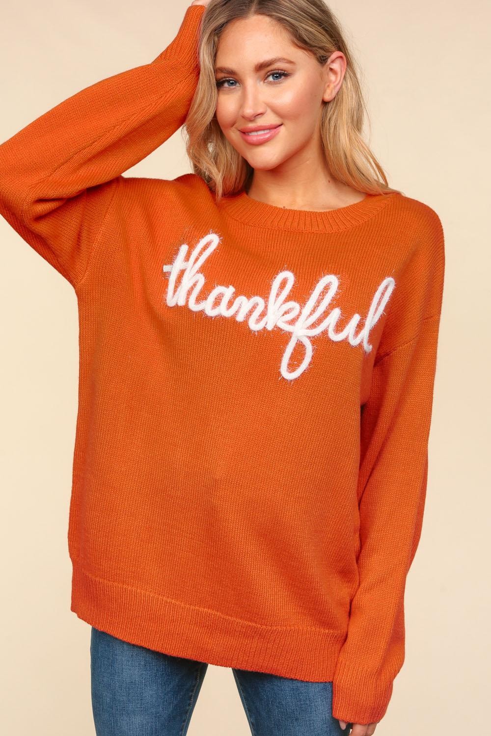 Haptics Size Metallic Glitter Embroidery THANKFUL Sweater