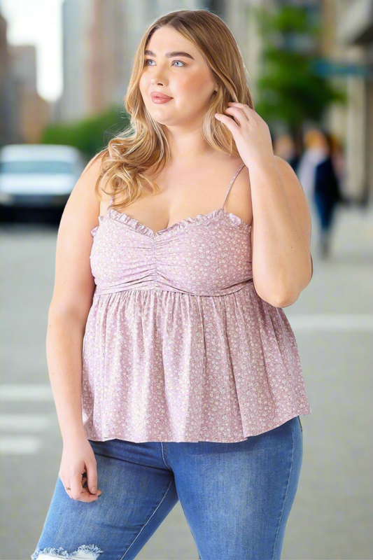 Zenobia Plus Size Frill Smocked Floral Sweetheart Neck Cami