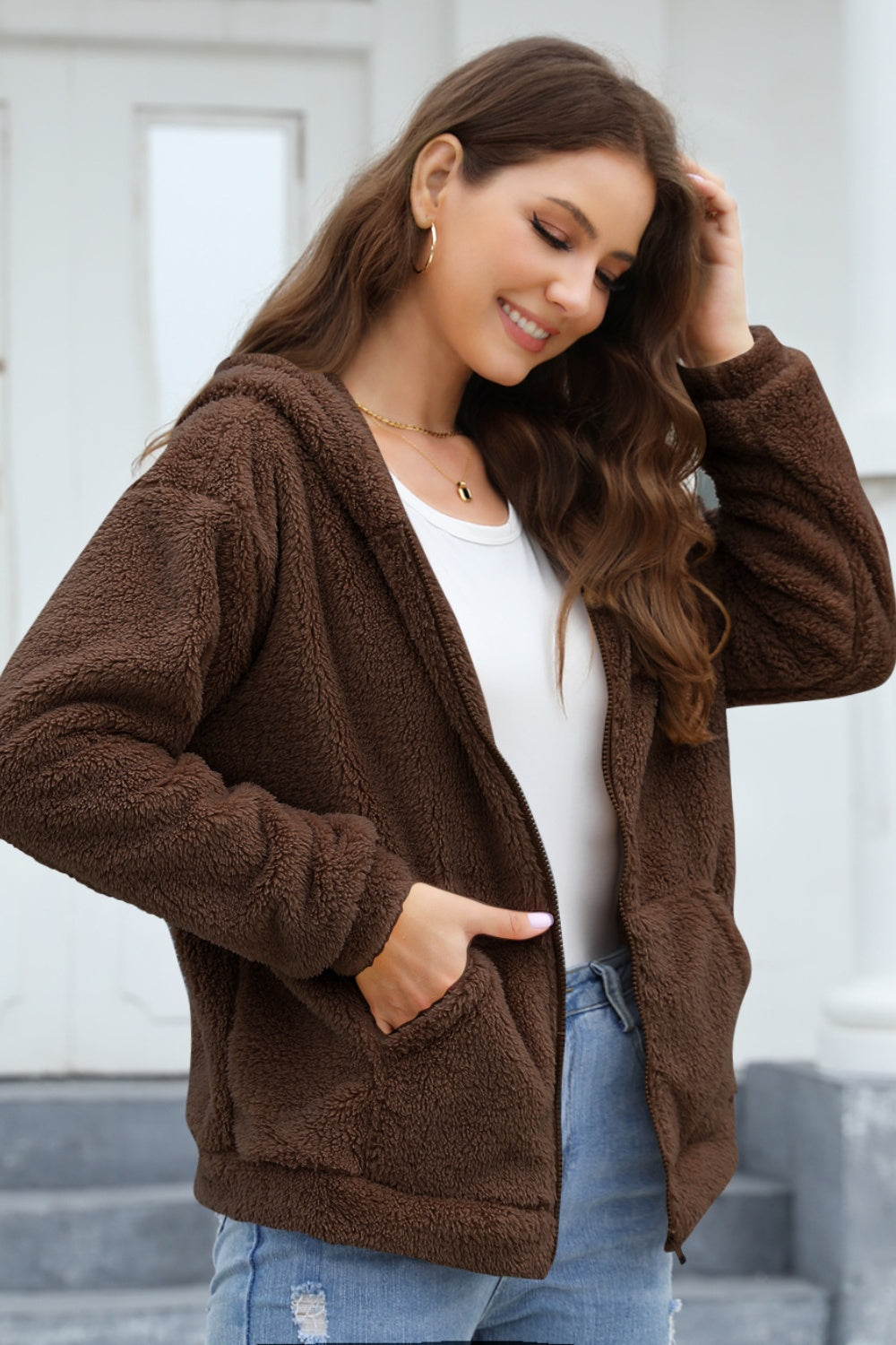 Zip Up Long Sleeve Fuzzy Hooded Outerwear