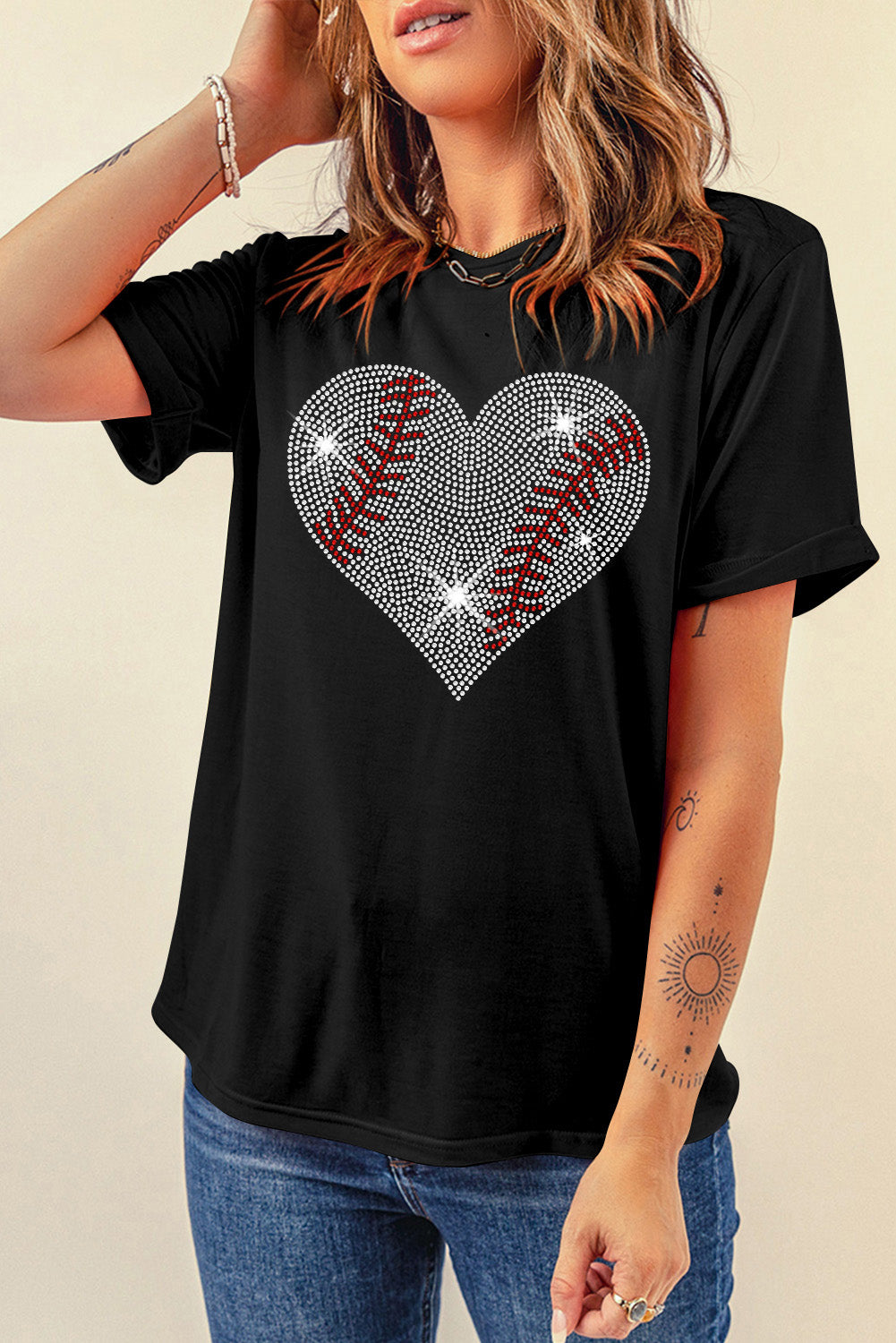 BASEBALL Rhinestone Heart Round Neck Short Sleeve T-Shirt