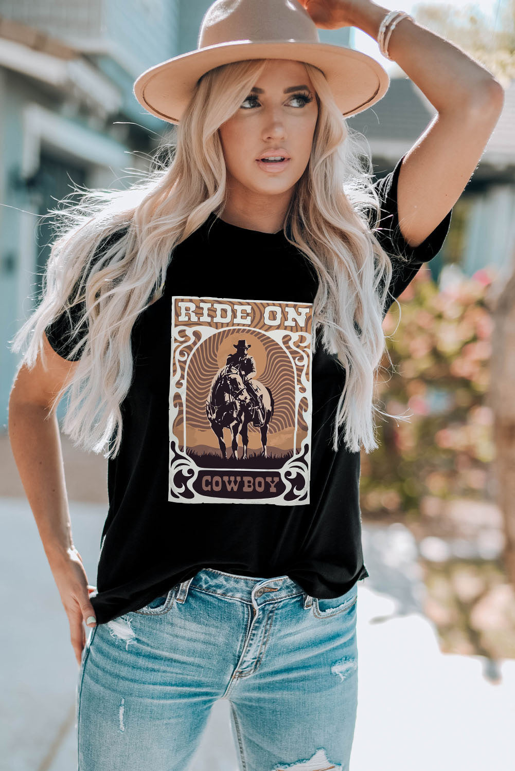 Ride On Cowboy Graphic Round Neck Short Sleeve T-Shirt