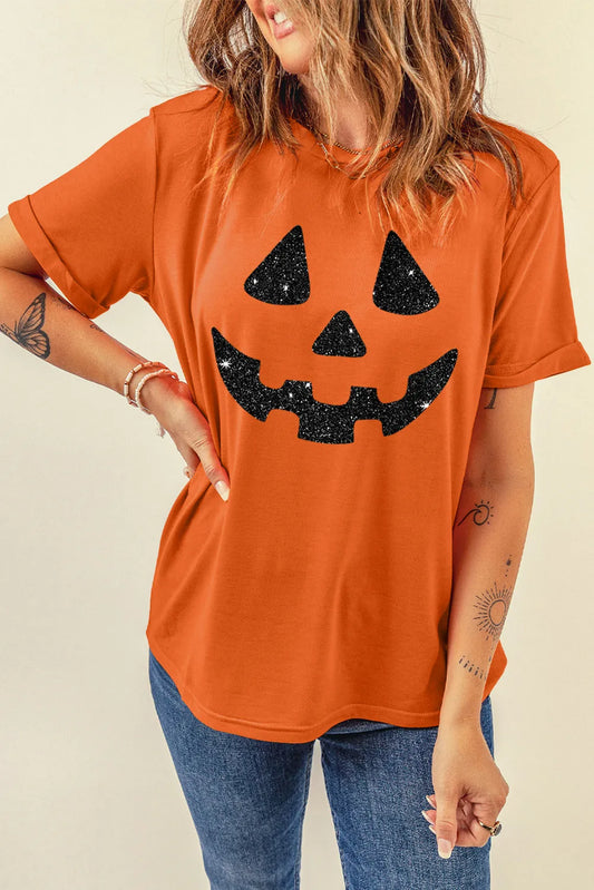 PUMPKIN Full Size Glitter Round Neck Short Sleeve T-Shirt