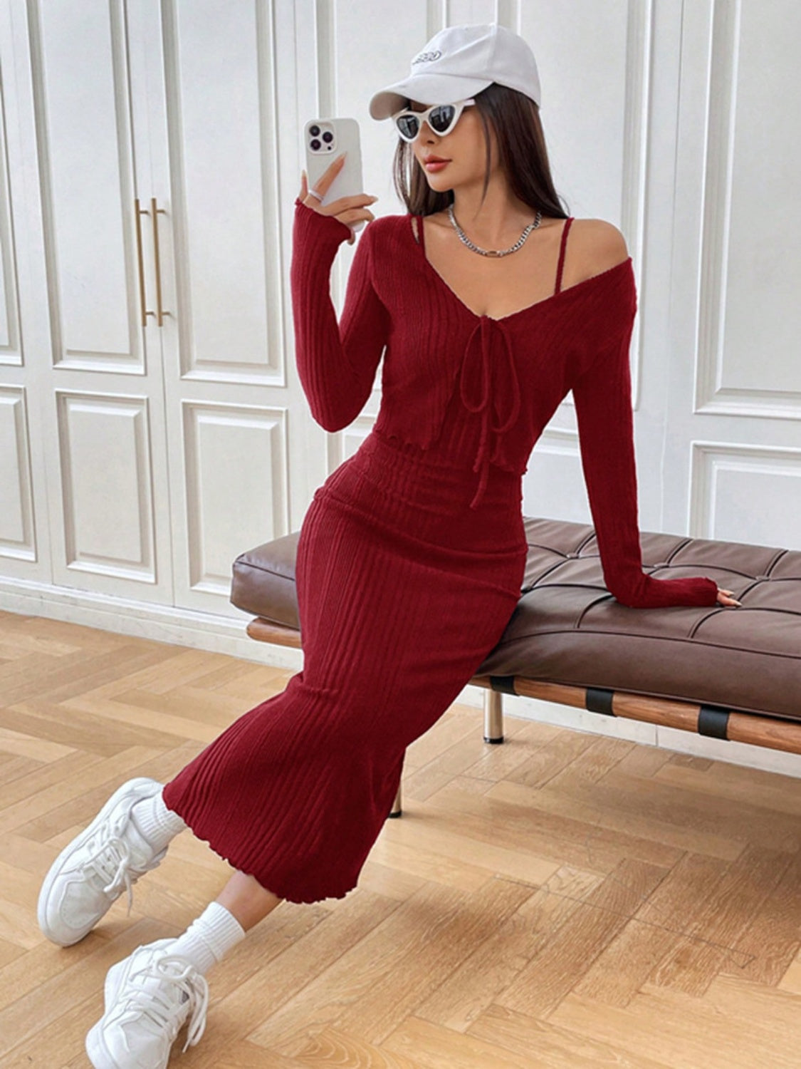 Cami Dress and Tied Long Sleeve Cardigan Set