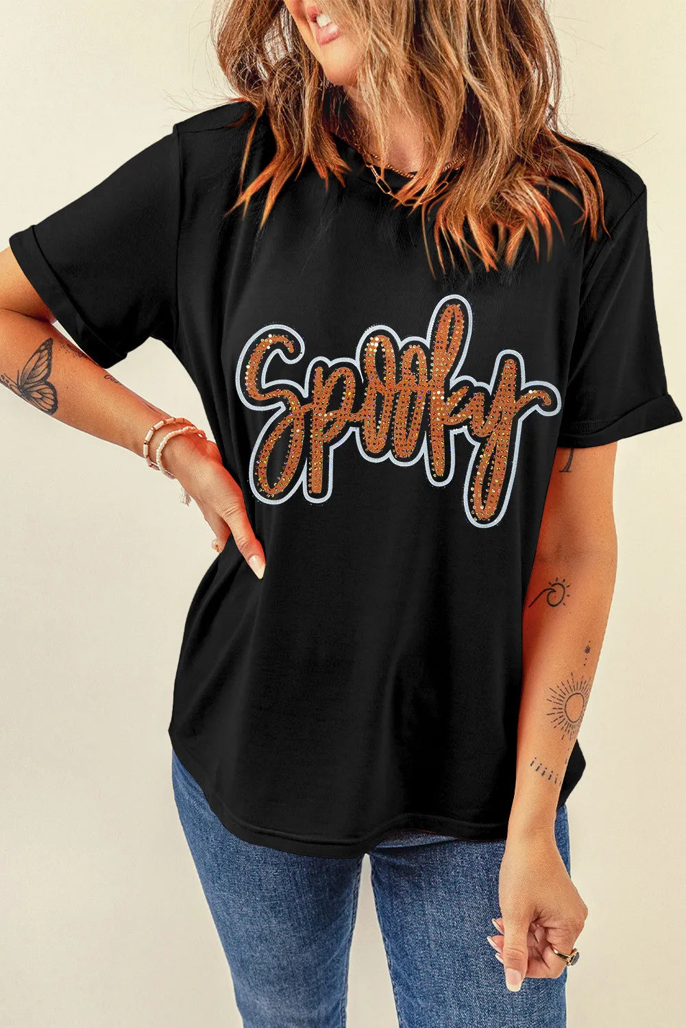 SPOOKY Rhinestone Letter Round Neck Short Sleeve T-Shirt