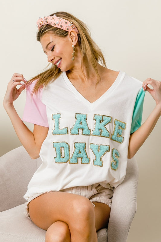 LAKE DAY BiBi Letter Patch V-Neck Color Block Short Sleeve T-Shirt