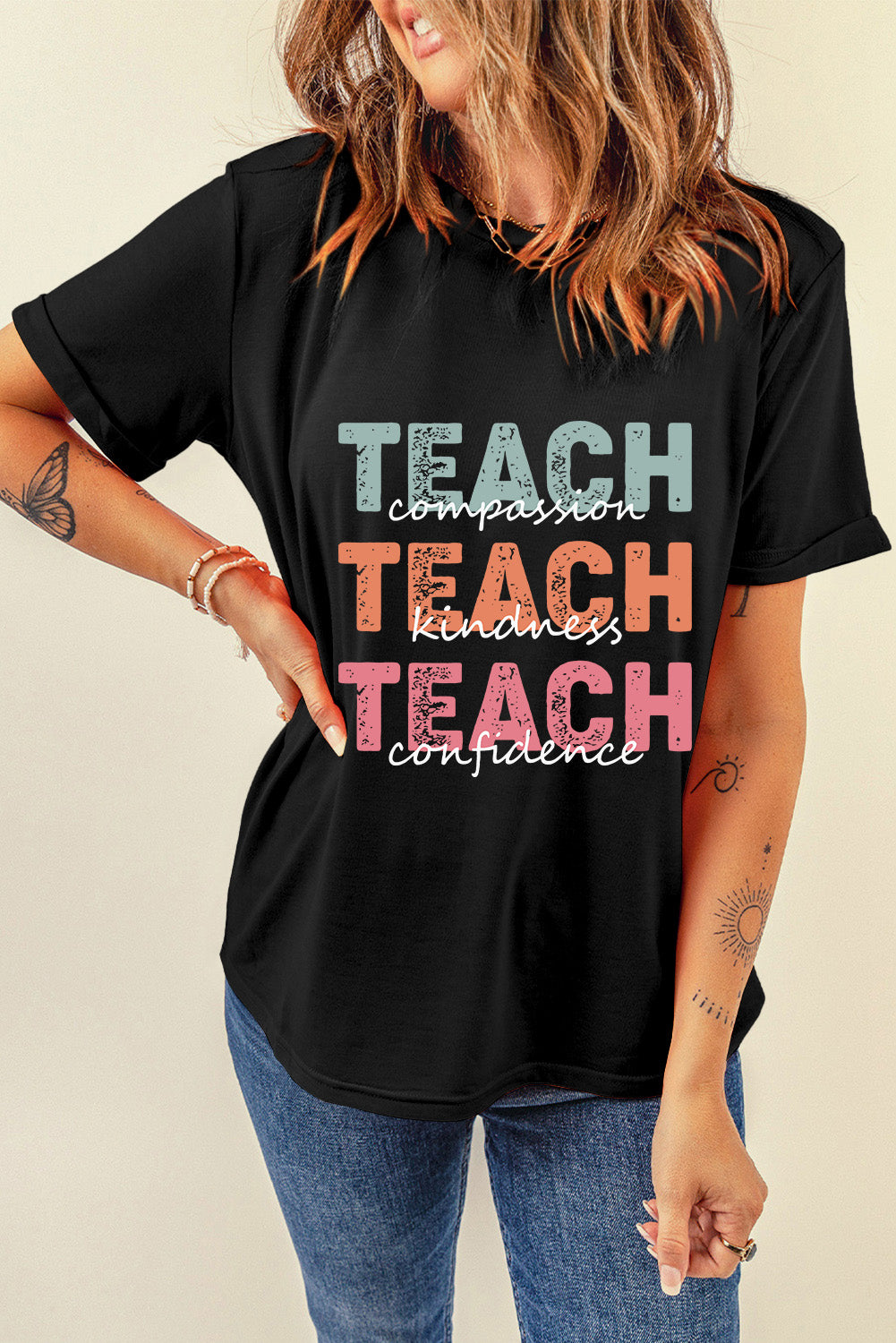 TEACH TEACH TEACH Letter Graphic Round Neck Short Sleeve T-Shirt