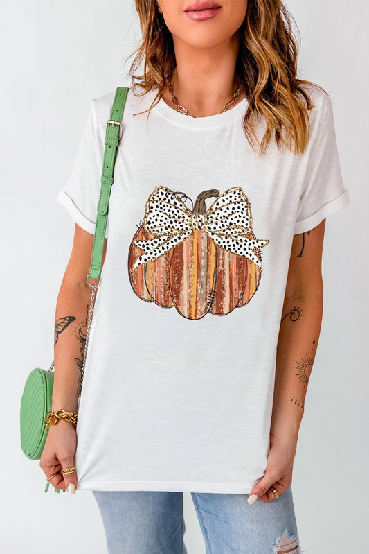 Full Size Pumpkin with Bow Round Neck Short Sleeve T-Shirt