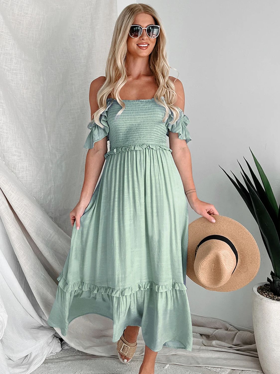 Frill Smocked Off-Shoulder Ruffle Sleeve Dress