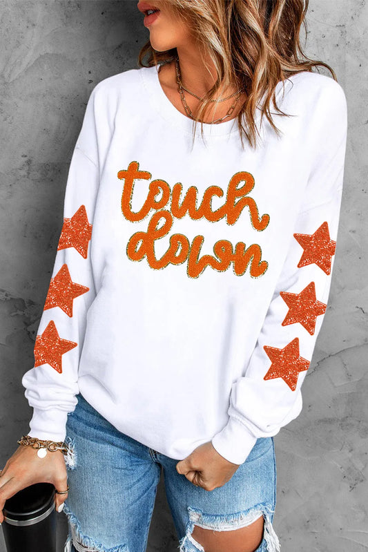 TOUCH DOWN Letter & Star Round Neck Long Sleeve Sweatshirt