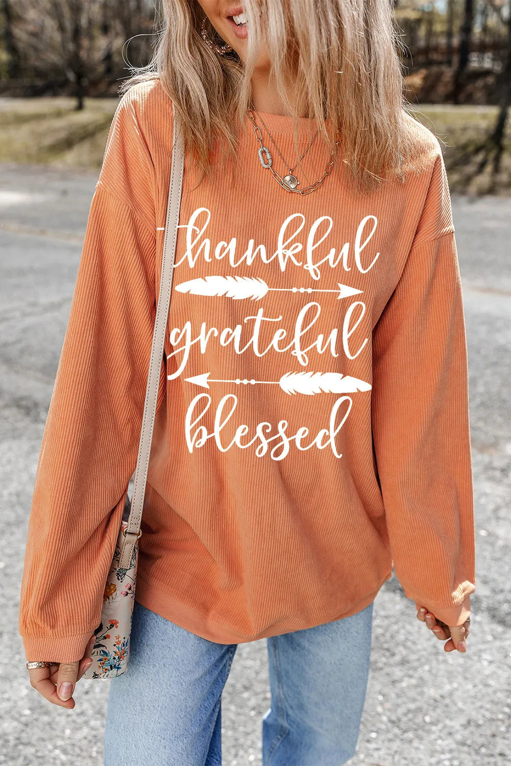 THANKFUL GRATEFUL BLESSED Letter Graphic Round Neck Long Sleeve Sweatshirt