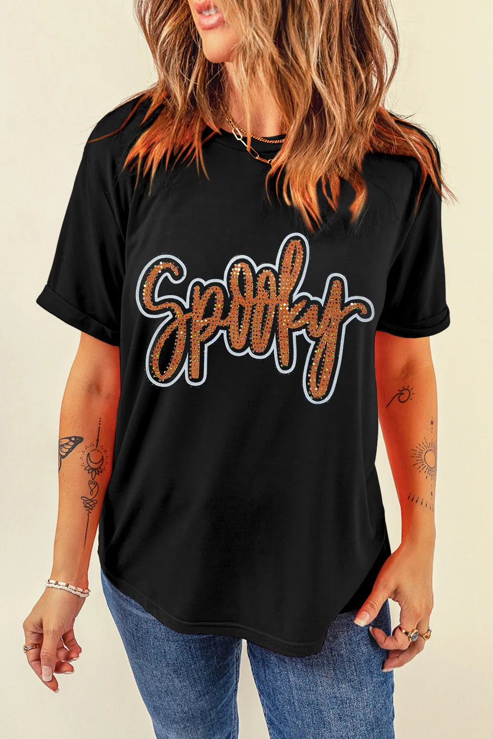 SPOOKY Rhinestone Letter Round Neck Short Sleeve T-Shirt