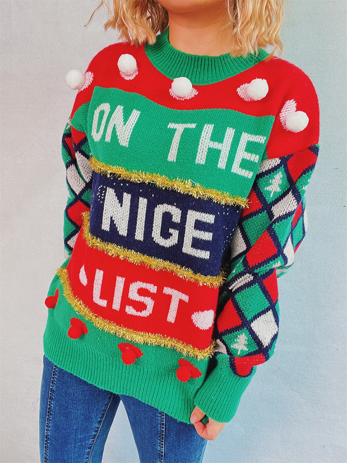 ON THE NICE LIST Pom-Pom Contrast Round Neck Long Sleeve Sweater