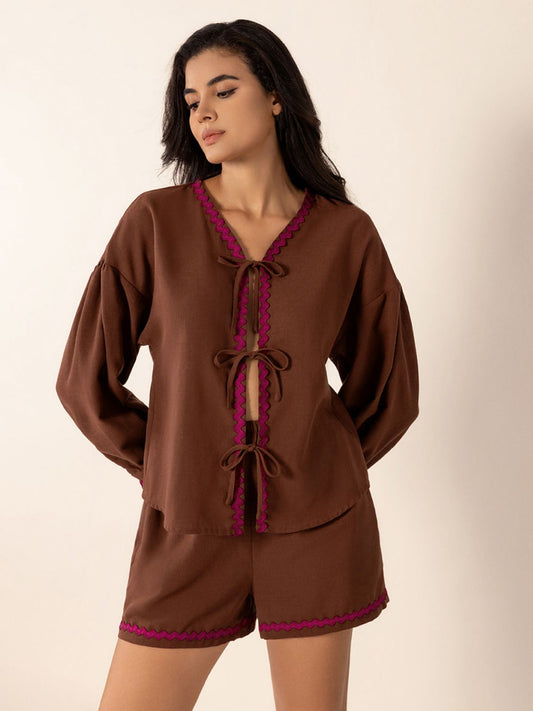 Tied V-Neck Long Sleeve Top and Shorts Set