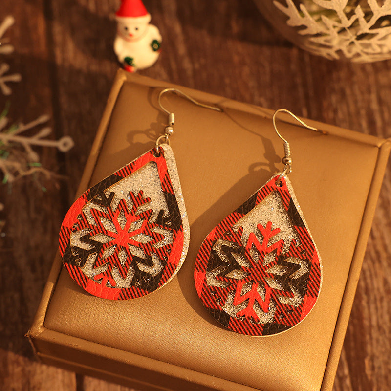 PU Leather Teardrop Shape Snowflake Earrings