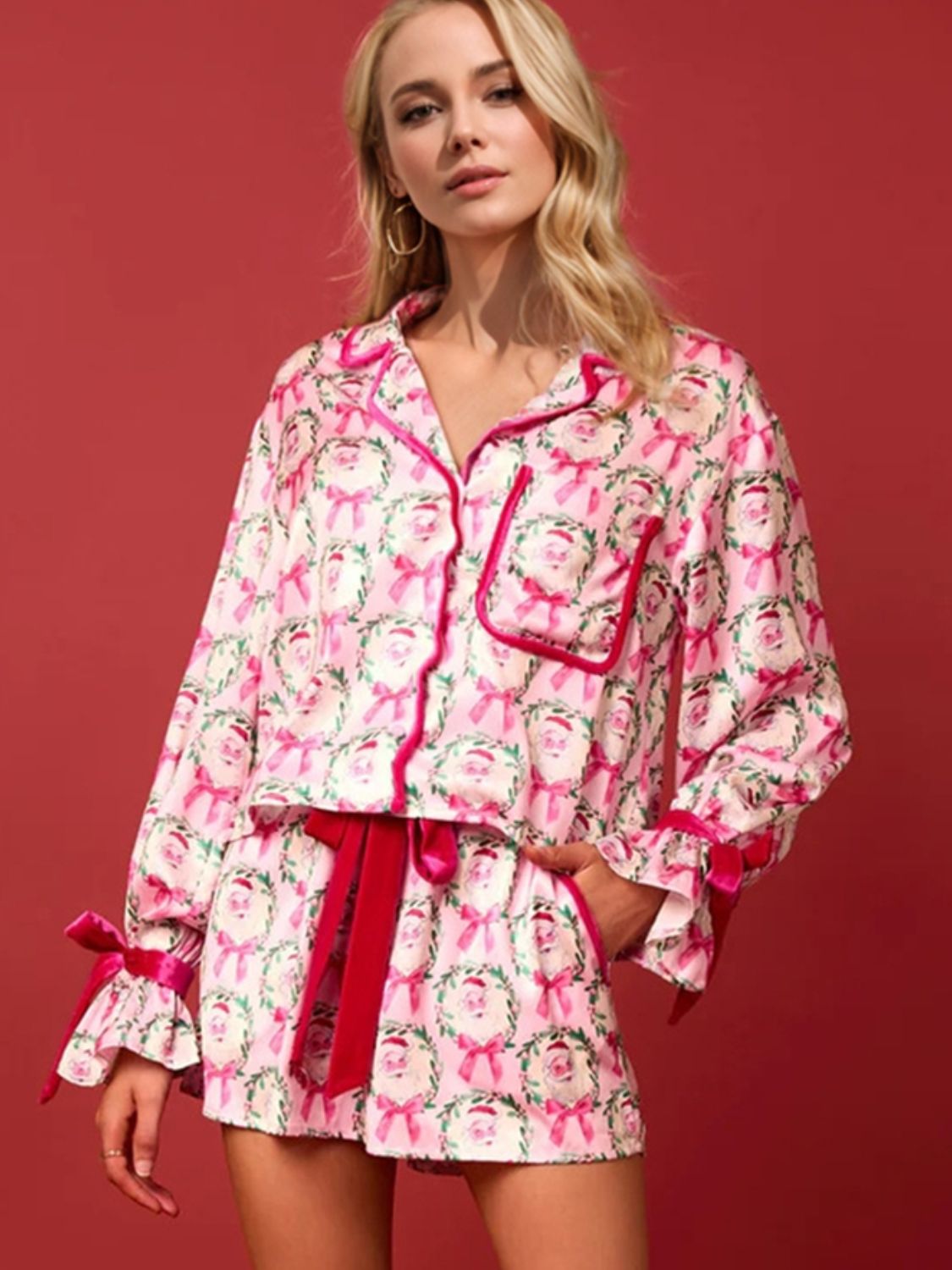 Tied Santa Printed Collared Neck Long Sleeve Top and Shorts Set