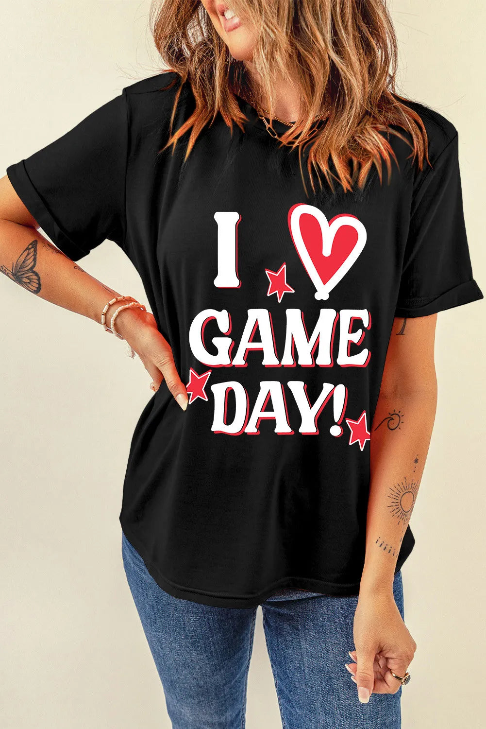 I 💗 GAME DAY Letter Graphic Round Neck Short Sleeve T-Shirt