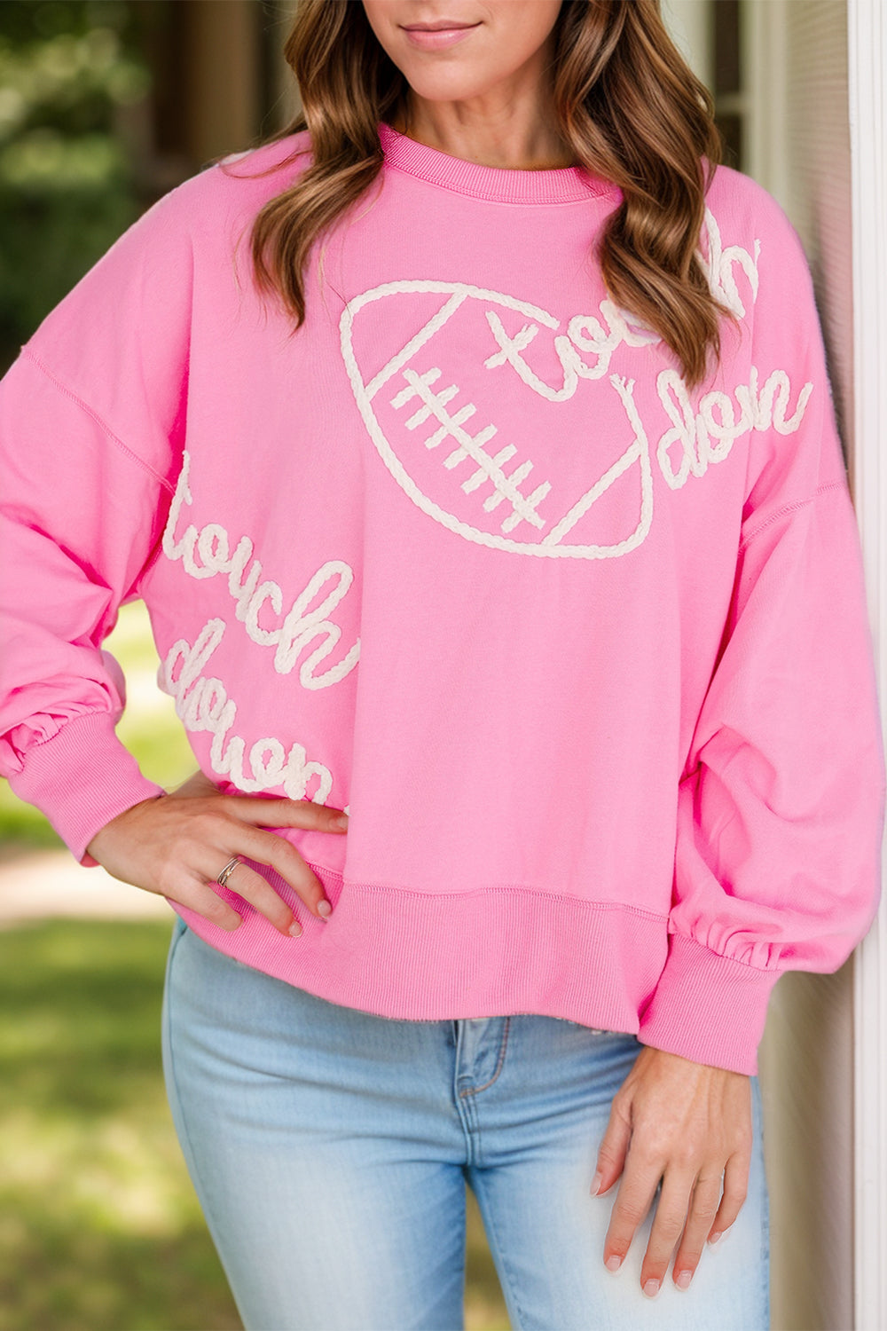 TOUCH DOWN Football & Letter Round Neck Long Sleeve Sweatshirt