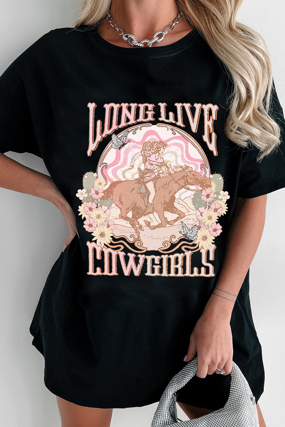LONG LIVE COWGIRLS Graphic Round Neck Half Sleeve Oversize T-Shirt