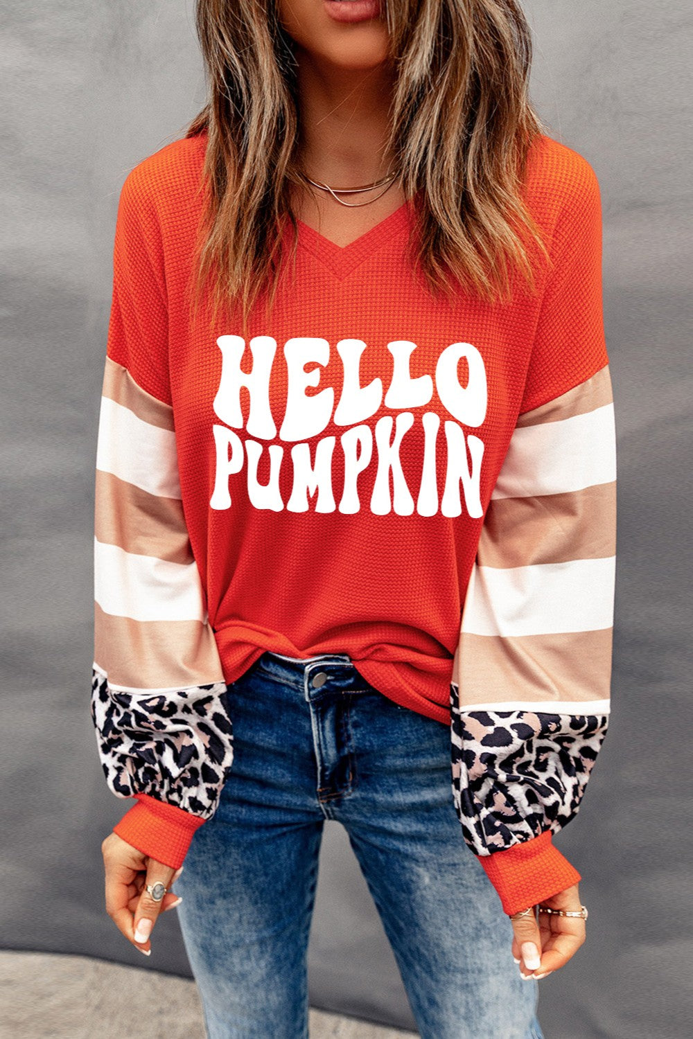 HELLO PUMPKIN Letter Graphic V-Neck Long Sleeve Top