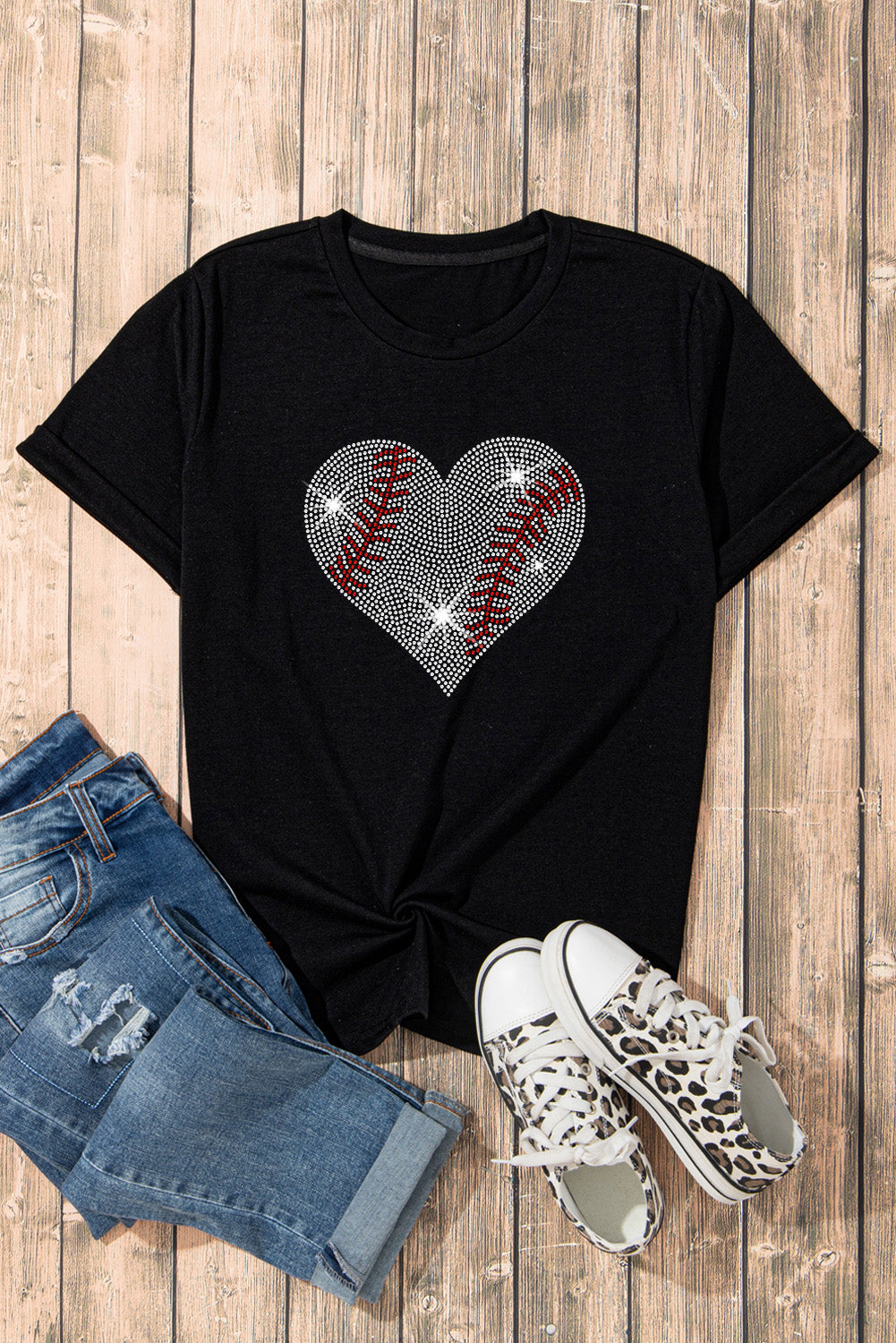 BASEBALL Rhinestone Heart Round Neck Short Sleeve T-Shirt