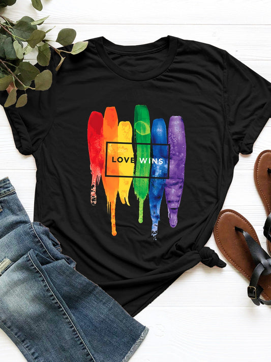 Love Wins Graphic Round Neck Short Sleeve T-Shirt