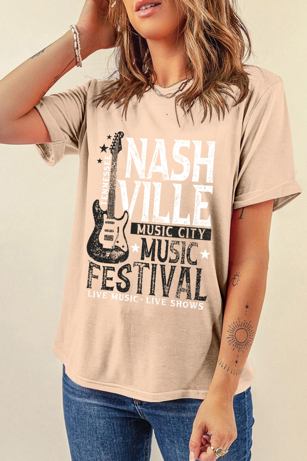 NASHVILLE MUSIC CITY MUSIC FESTIVAL LIVE MUSIC LIVE SHOWS Letter Graphic Round Neck Short Sleeve T-Shirt