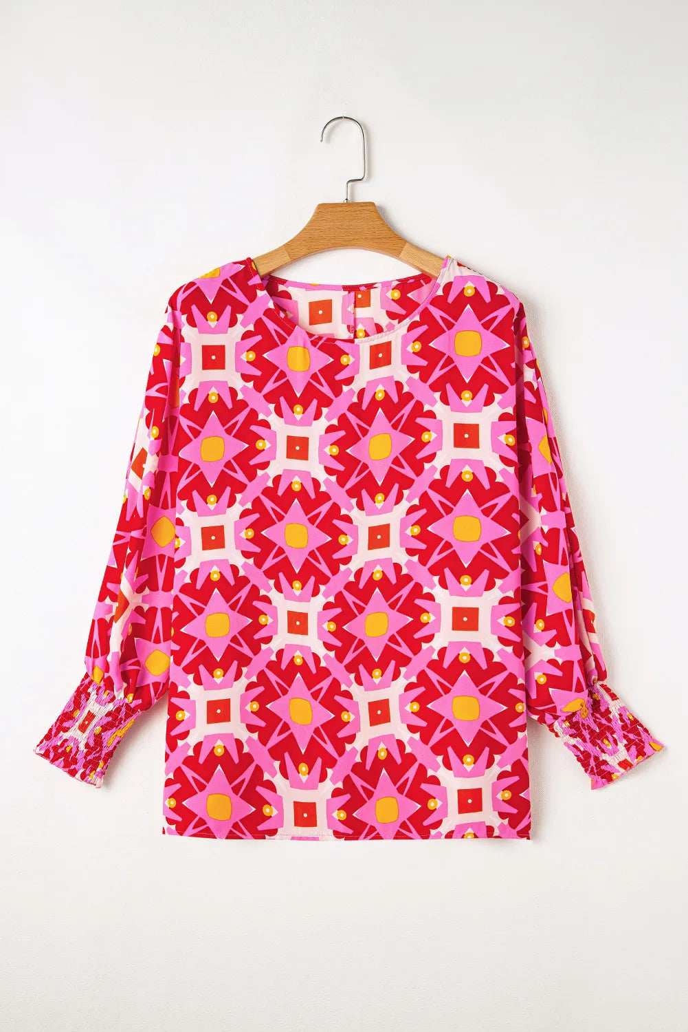 Smocked Cuff Printed Round Neck Long Sleeve Blouse