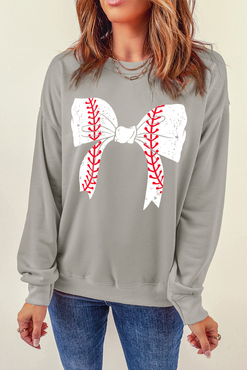 Baseball Bow Graphic Round Neck Long Sleeve Sweatshirt